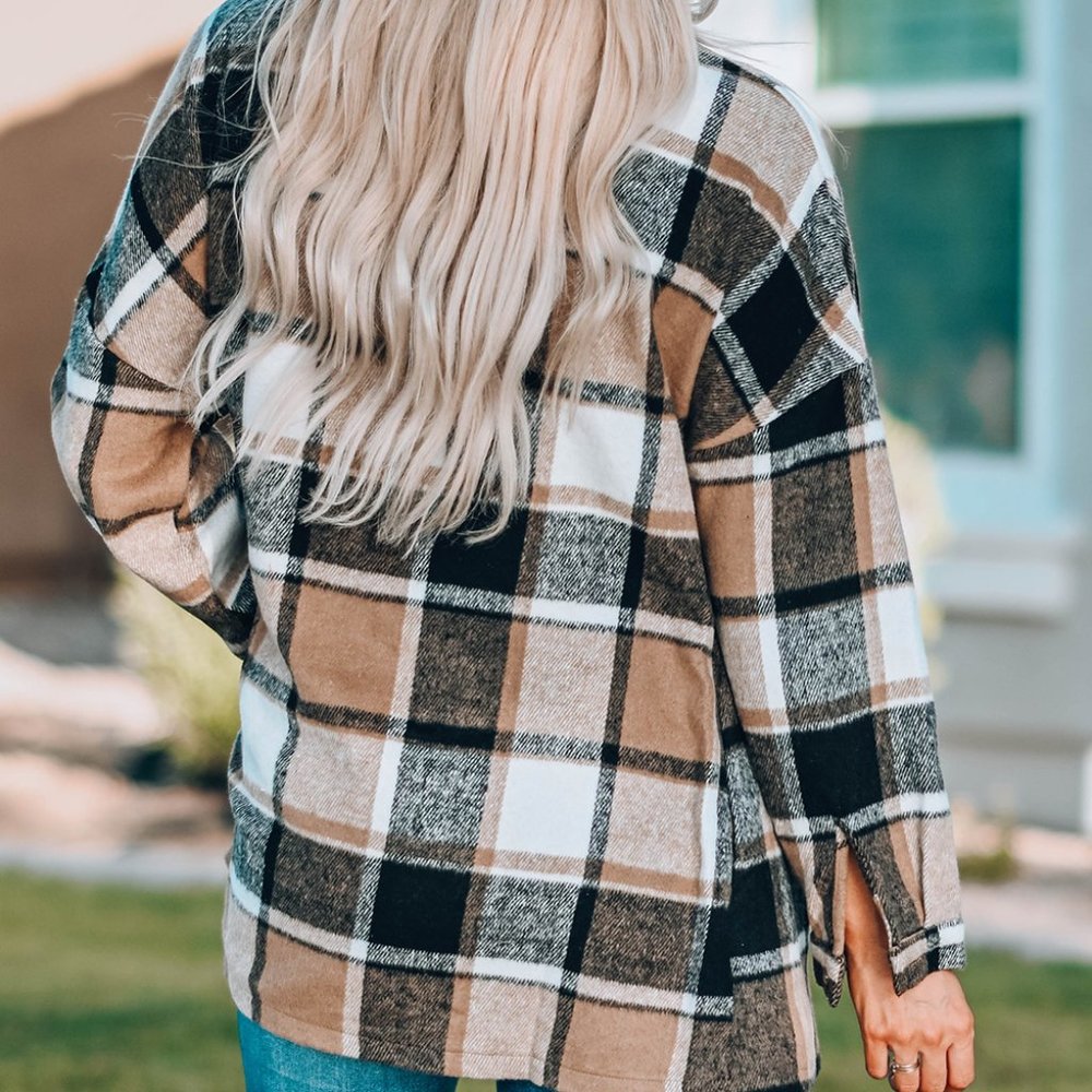 Plaid Printed Button Up Shirt Jacket Shacket Flannel with Pockets - Picture 2 of 3
